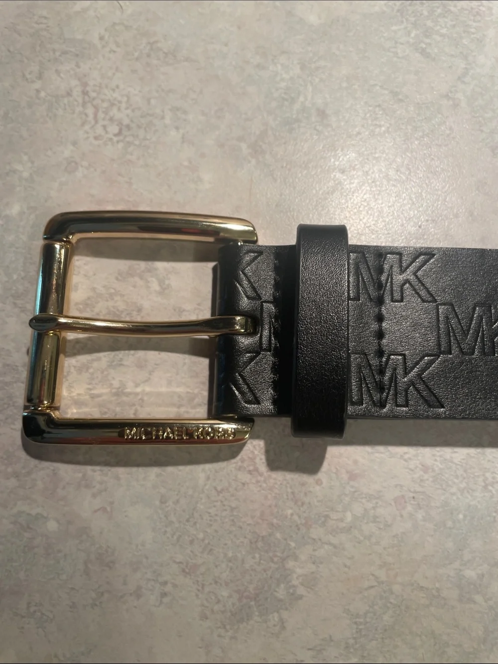 New Michael Kors Black Embossed MK Leather Belt with Gold-Tone Buckle